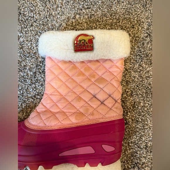 Sorel Powder Storm Pink Quilted Lined Pull On Winter Snow Boots Youth Girls SZ 4 - Picture 3 of 7